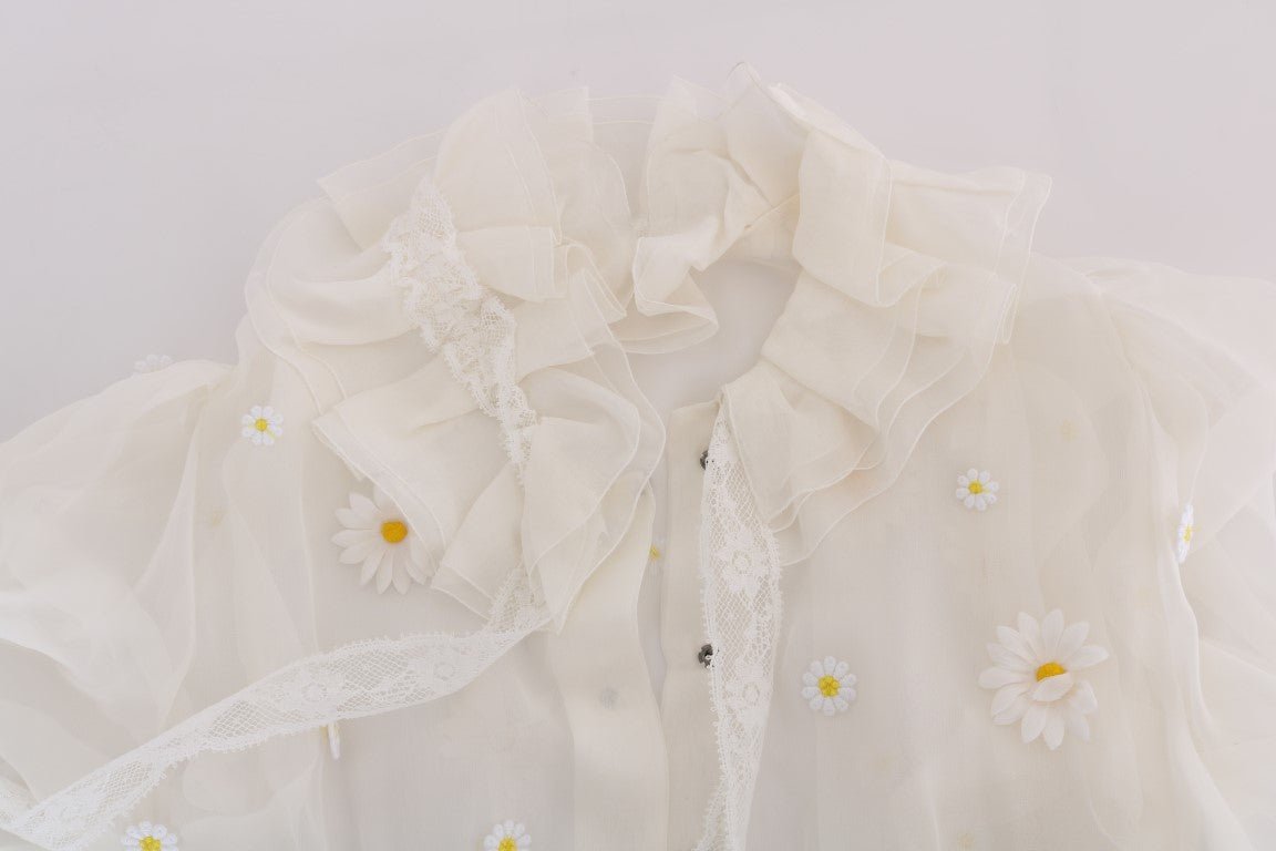 Dolce & Gabbana Elegant White Silk Daisy Blouse - Sandy Store ByNet