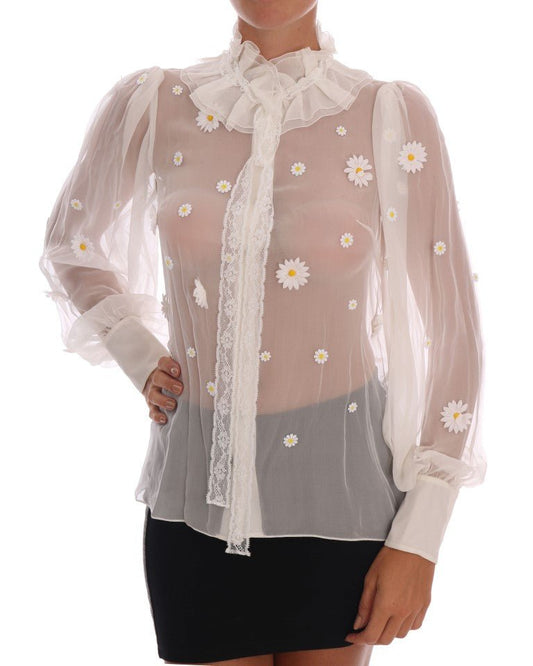 Dolce & Gabbana Elegant White Silk Daisy Blouse - Sandy Store ByNet
