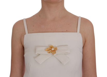 Dolce & Gabbana Elegant White Wool Shift Dress with Gold Brooch - Sandy Store ByNet