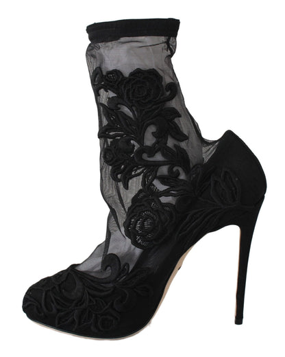 Dolce & Gabbana Embroidered Floral Stiletto Socks Booties - Sandy Store ByNet