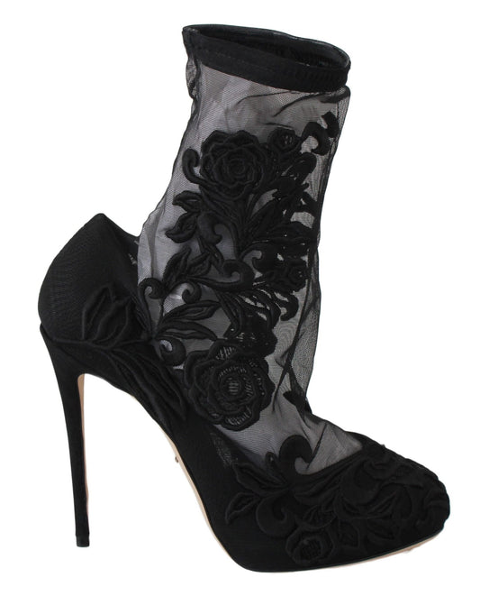 Dolce & Gabbana Embroidered Floral Stiletto Socks Booties - Sandy Store ByNet