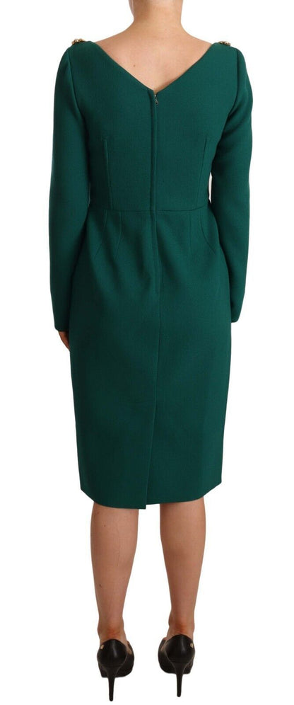 Dolce & Gabbana Emerald Green Midi Sheath Dress with Crystal Brooch - Sandy Store ByNet