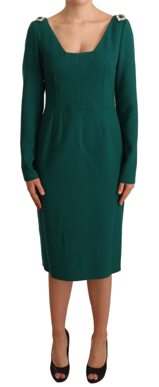 Dolce & Gabbana Emerald Green Midi Sheath Dress with Crystal Brooch - Sandy Store ByNet