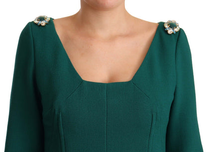 Dolce & Gabbana Emerald Green Midi Sheath Dress with Crystal Brooch - Sandy Store ByNet