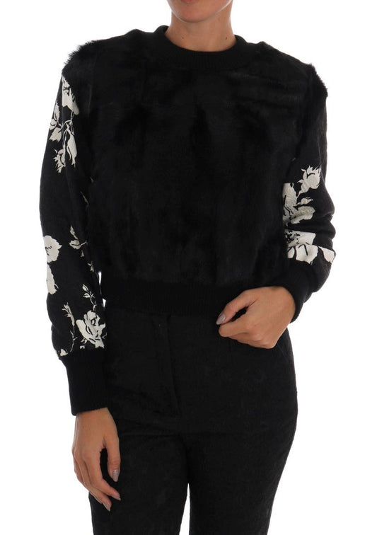 Dolce & Gabbana Floral Brocade Black Fur Sweater - Sandy Store ByNet