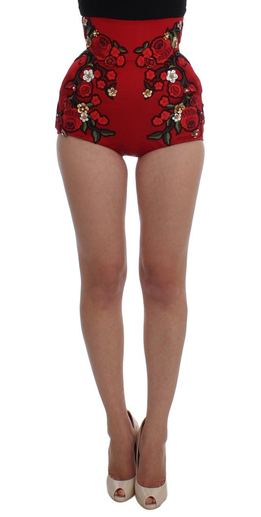 Dolce & Gabbana Glamorous Red Silk Floral Embroidered Shorts - Sandy Store ByNet