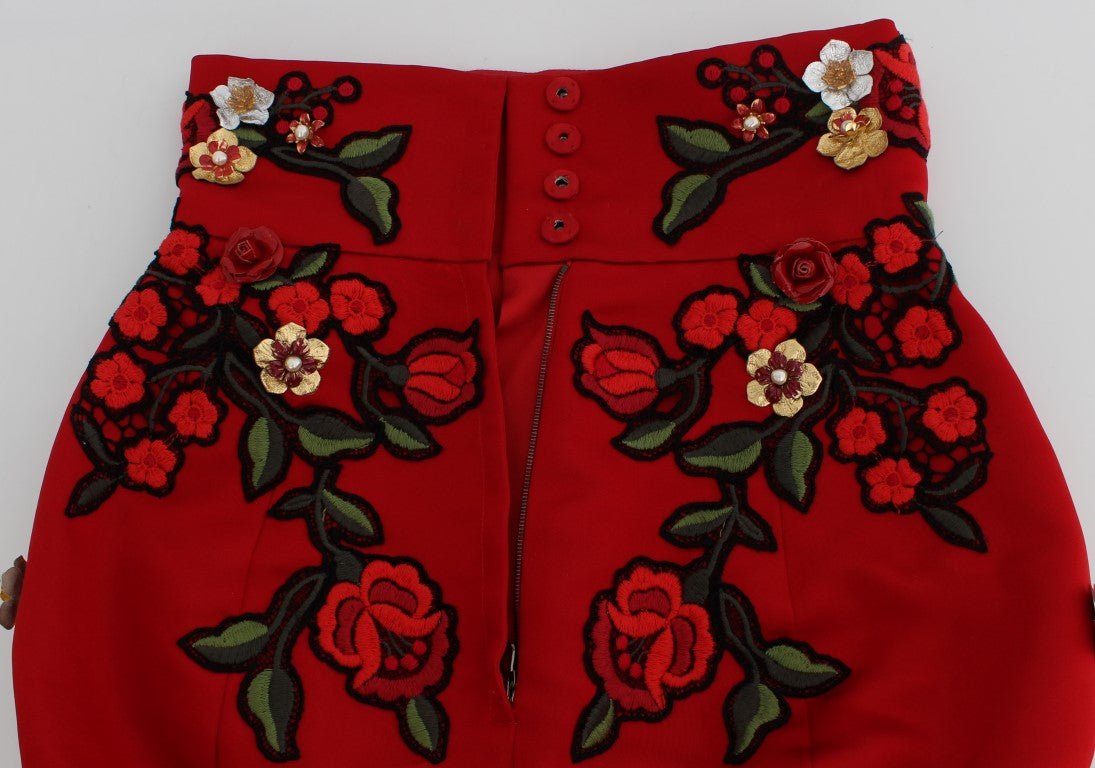 Dolce & Gabbana Glamorous Red Silk Floral Embroidered Shorts - Sandy Store ByNet