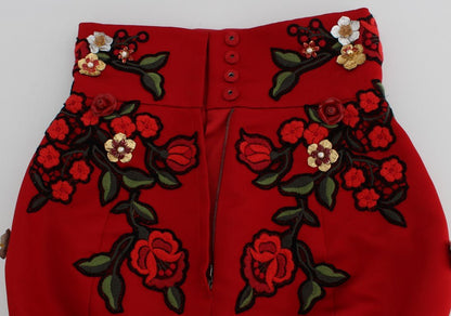 Dolce & Gabbana Glamorous Red Silk Floral Embroidered Shorts - Sandy Store ByNet