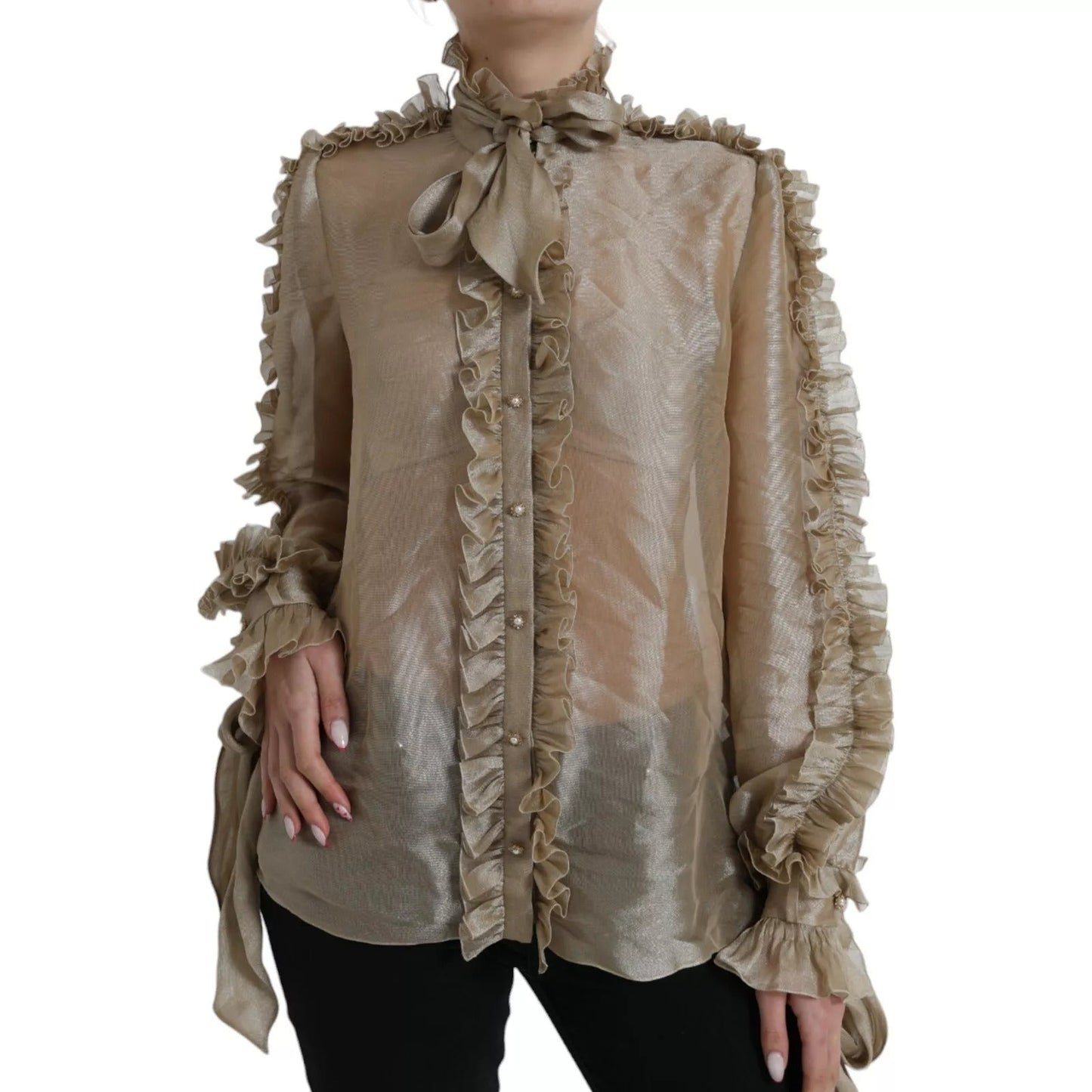 Dolce & Gabbana Gold Ascot Collar Ruffles Blouse Top – IT46|XL par Dolce & Gabbana | Disponible sur Sandy Store ByNet