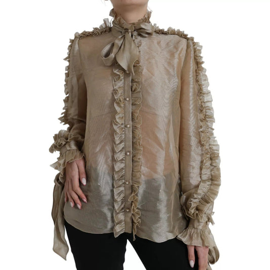 Dolce & Gabbana Gold Ascot Collar Ruffles Blouse Top – IT46|XL par Dolce & Gabbana | Disponible sur Sandy Store ByNet