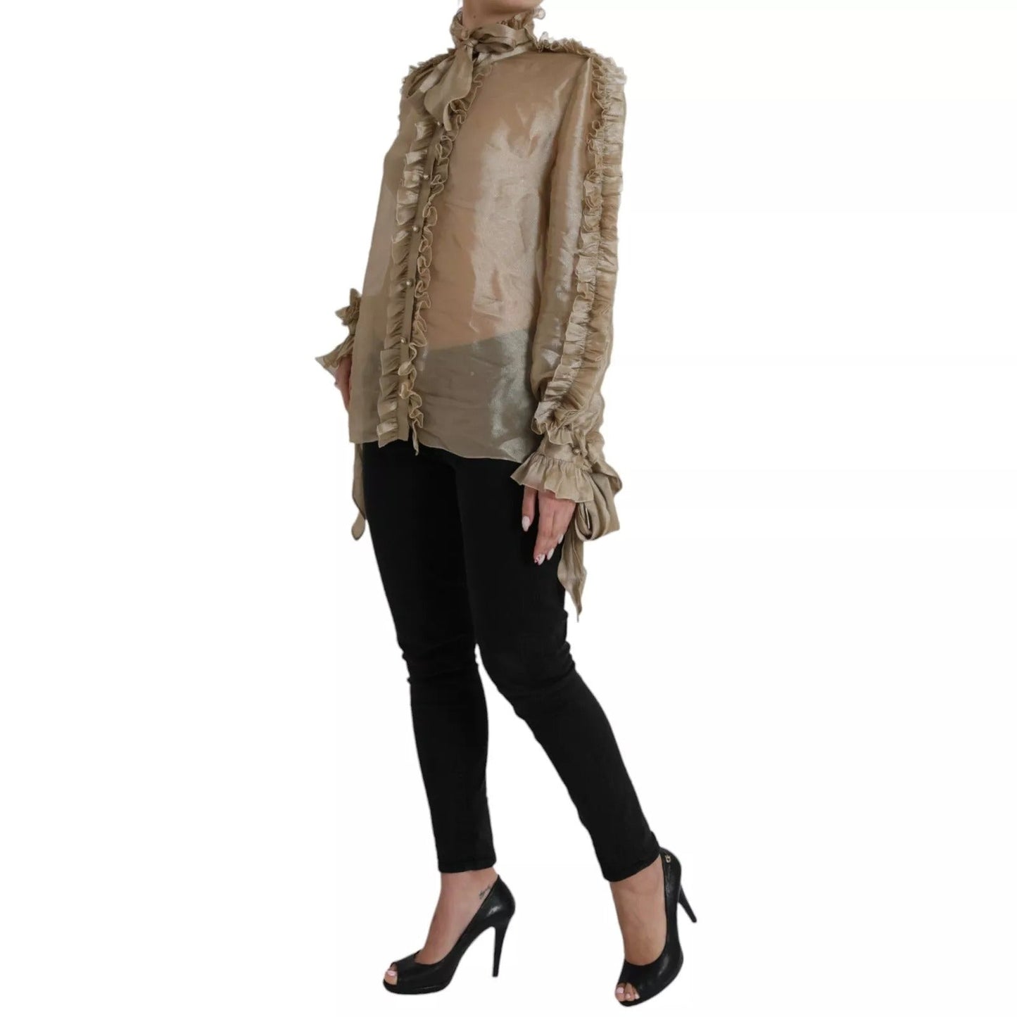 Dolce & Gabbana Gold Ascot Collar Ruffles Blouse Top – IT46|XL par Dolce & Gabbana | Disponible sur Sandy Store ByNet