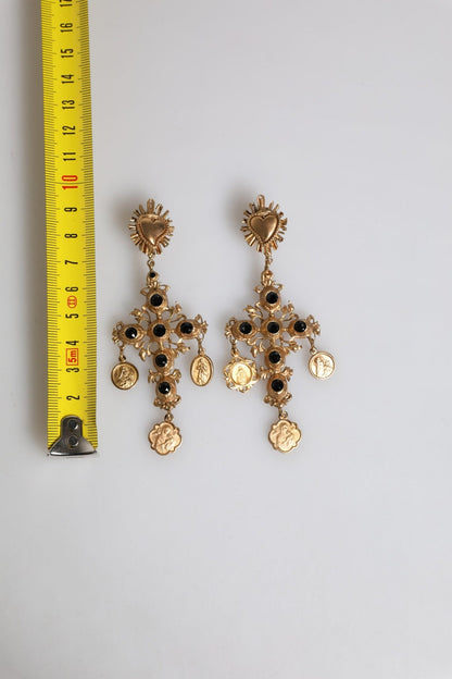 Dolce & Gabbana Gold Black Crystal Cross Sacred Heart Dangling Earrings - Sandy Store ByNet