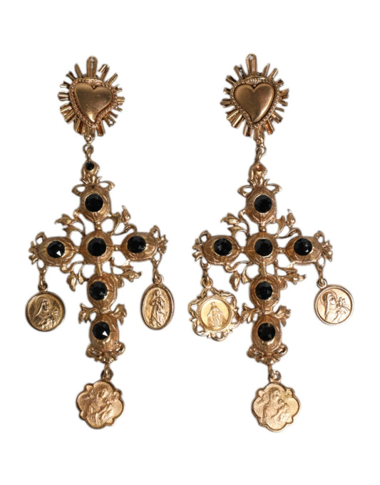 Dolce & Gabbana Gold Black Crystal Cross Sacred Heart Dangling Earrings - Sandy Store ByNet