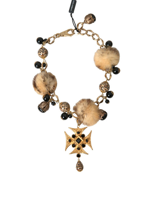 Dolce & Gabbana Gold Black Crystals Lapin Fur Filigree Chocker Necklace - Sandy Store ByNet