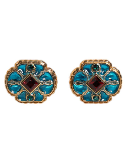 Dolce & Gabbana Gold Brass Blue Enameled Flower Cufflink - Sandy Store ByNet