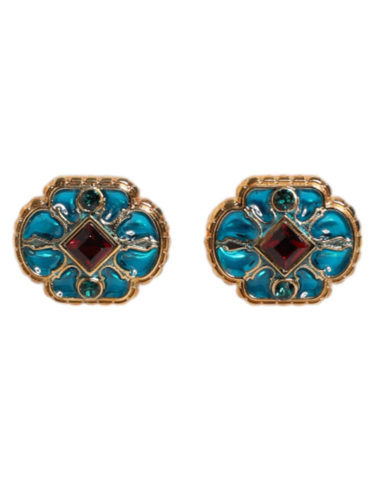 Dolce & Gabbana Gold Brass Blue Enameled Flower Cufflink - Sandy Store ByNet
