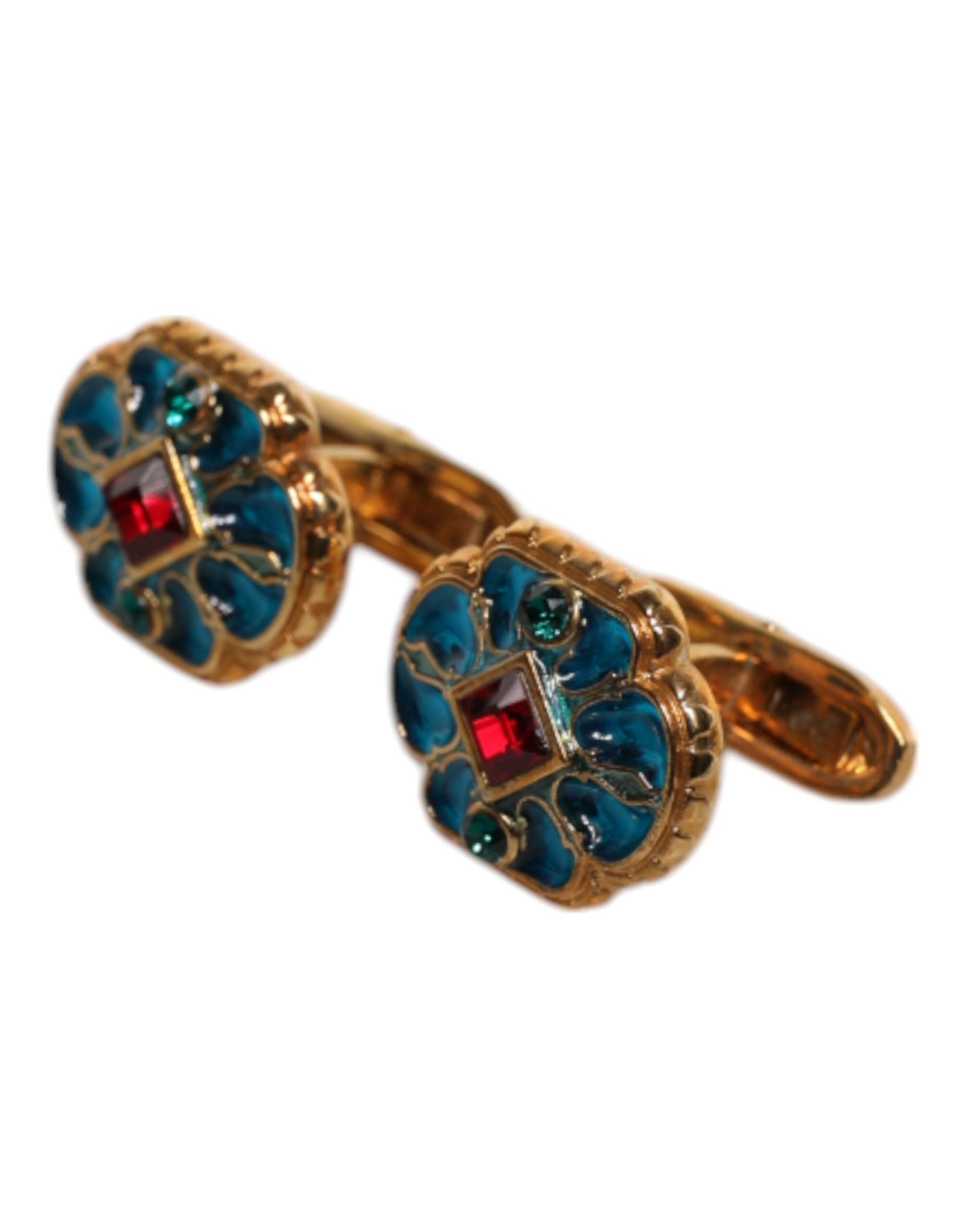 Dolce & Gabbana Gold Brass Blue Enameled Flower Cufflink - Sandy Store ByNet