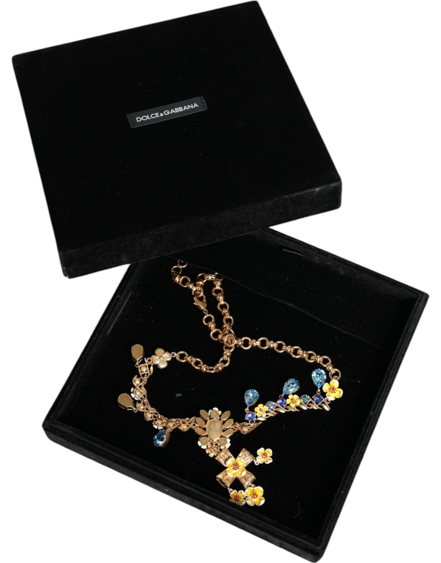 Dolce & Gabbana Gold Brass Chain Floral Crystal Cross Pendant Necklace - Sandy Store ByNet
