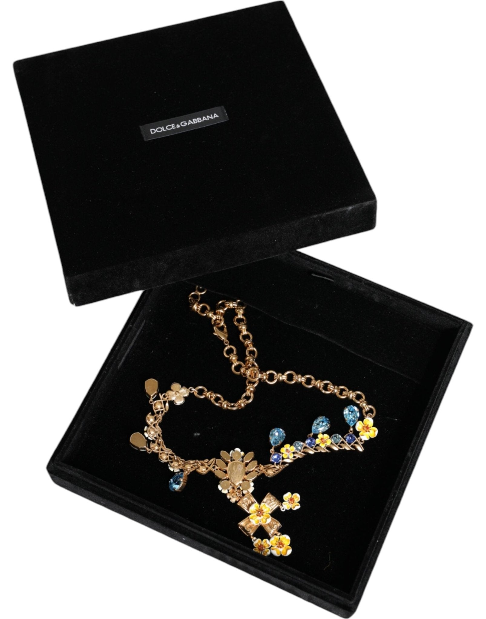Dolce & Gabbana Gold Brass Chain Floral Crystal Cross Pendant Necklace - Sandy Store ByNet