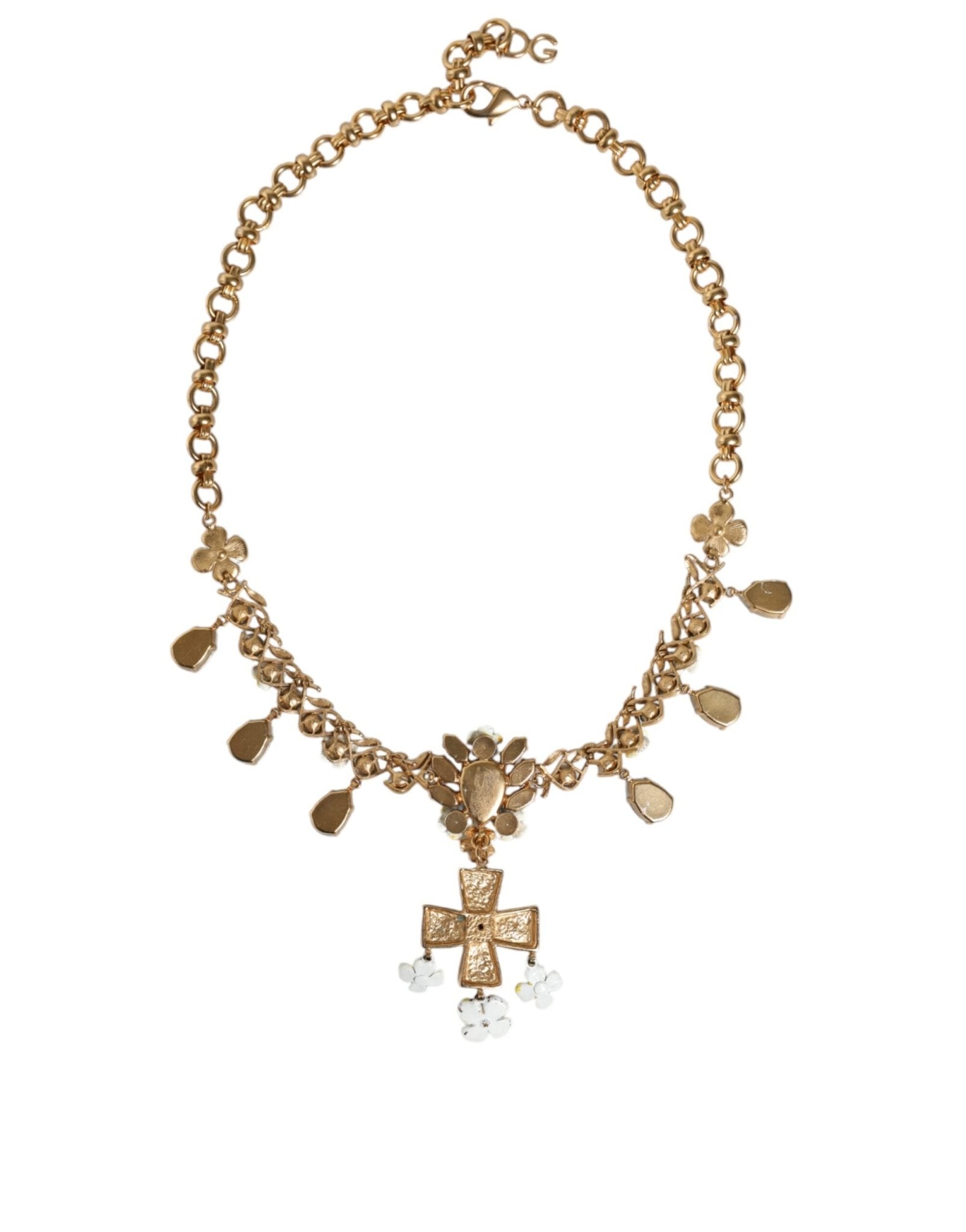 Dolce & Gabbana Gold Brass Chain Floral Crystal Cross Pendant Necklace - Sandy Store ByNet