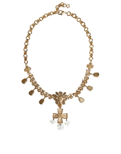 Dolce & Gabbana Gold Brass Chain Floral Crystal Cross Pendant Necklace - Sandy Store ByNet