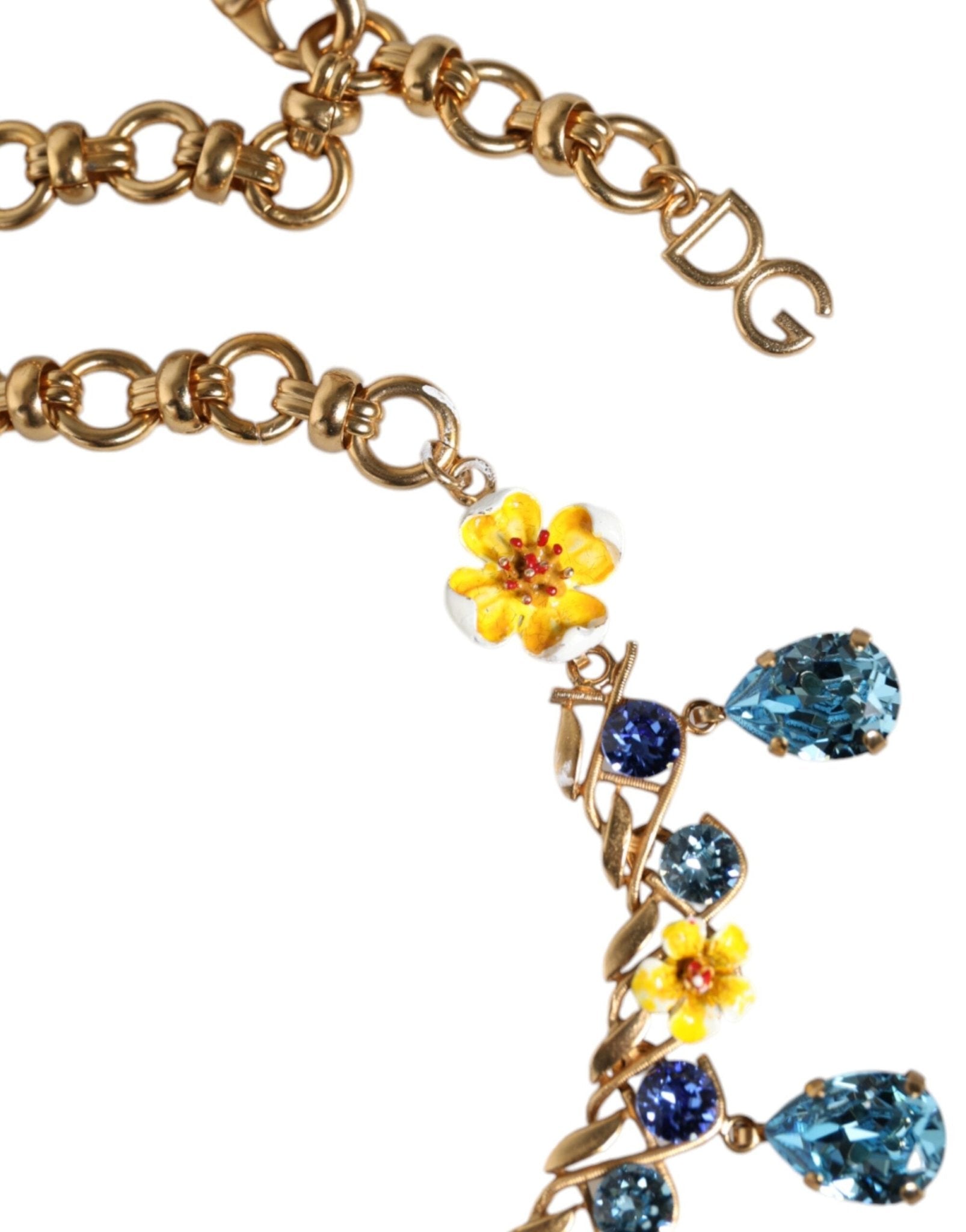 Dolce & Gabbana Gold Brass Chain Floral Crystal Cross Pendant Necklace - Sandy Store ByNet