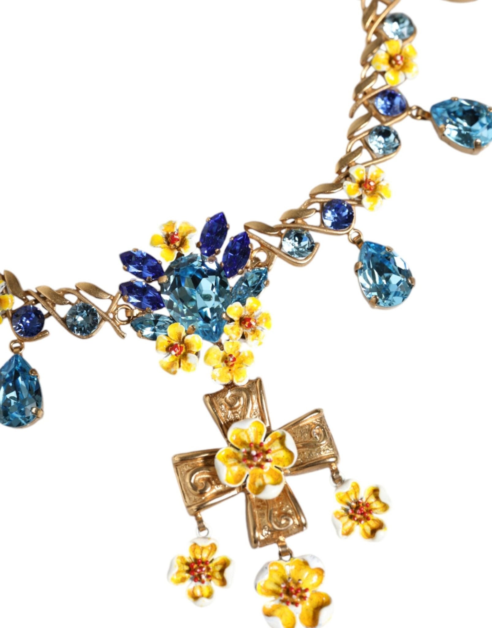 Dolce & Gabbana Gold Brass Chain Floral Crystal Cross Pendant Necklace - Sandy Store ByNet