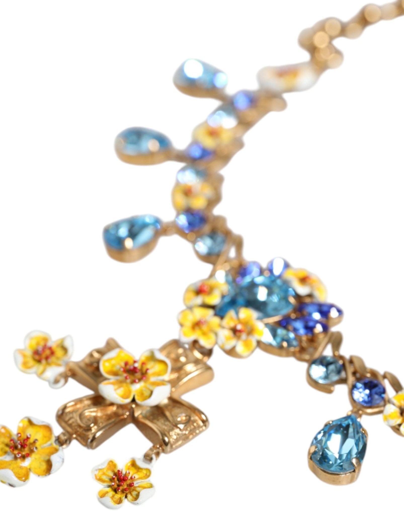 Dolce & Gabbana Gold Brass Chain Floral Crystal Cross Pendant Necklace - Sandy Store ByNet