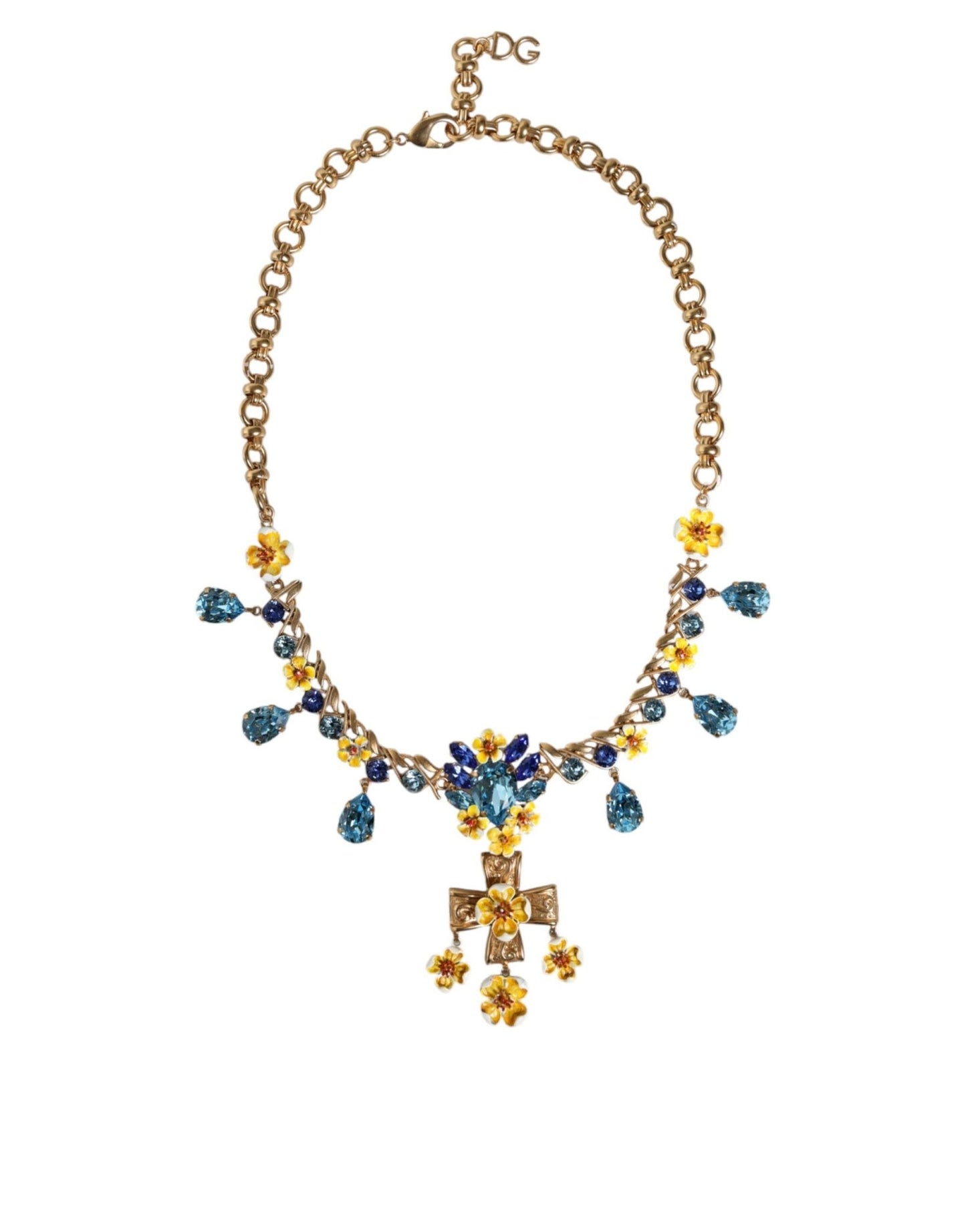 Dolce & Gabbana Gold Brass Chain Floral Crystal Cross Pendant Necklace - Sandy Store ByNet