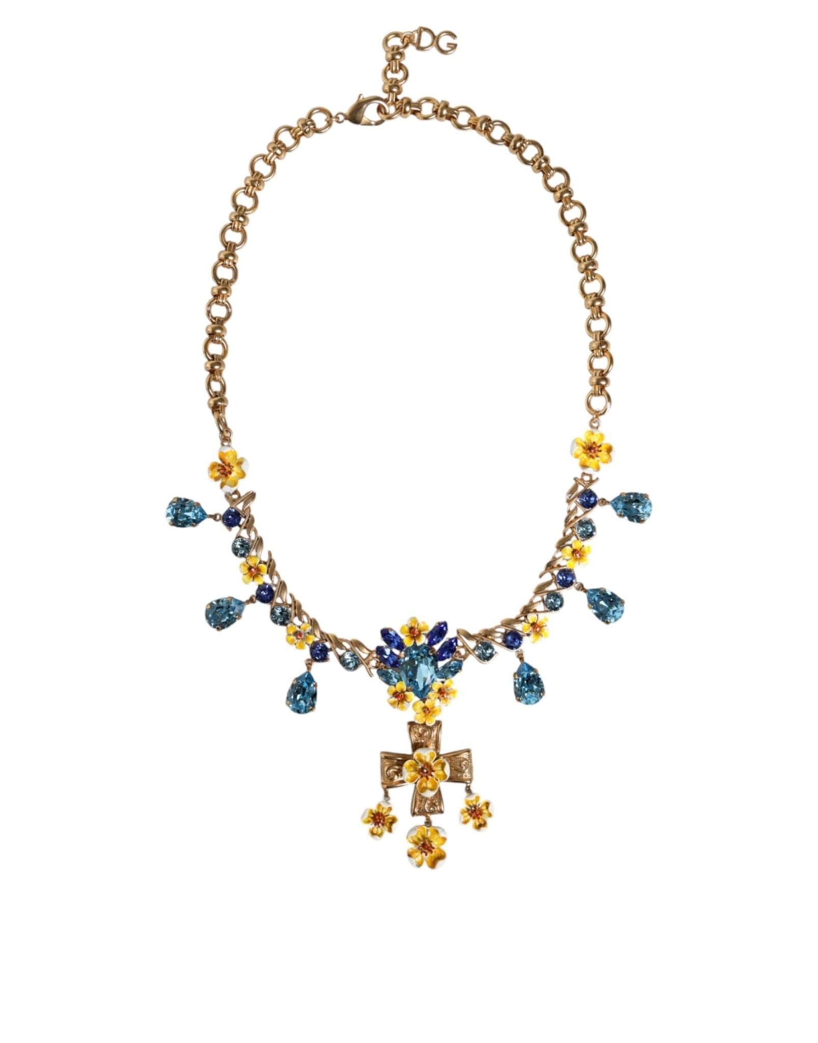 Dolce & Gabbana Gold Brass Chain Floral Crystal Cross Pendant Necklace - Sandy Store ByNet