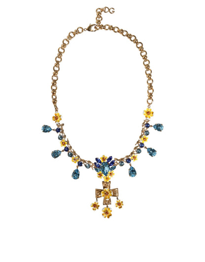 Dolce & Gabbana Gold Brass Chain Floral Crystal Cross Pendant Necklace - Sandy Store ByNet