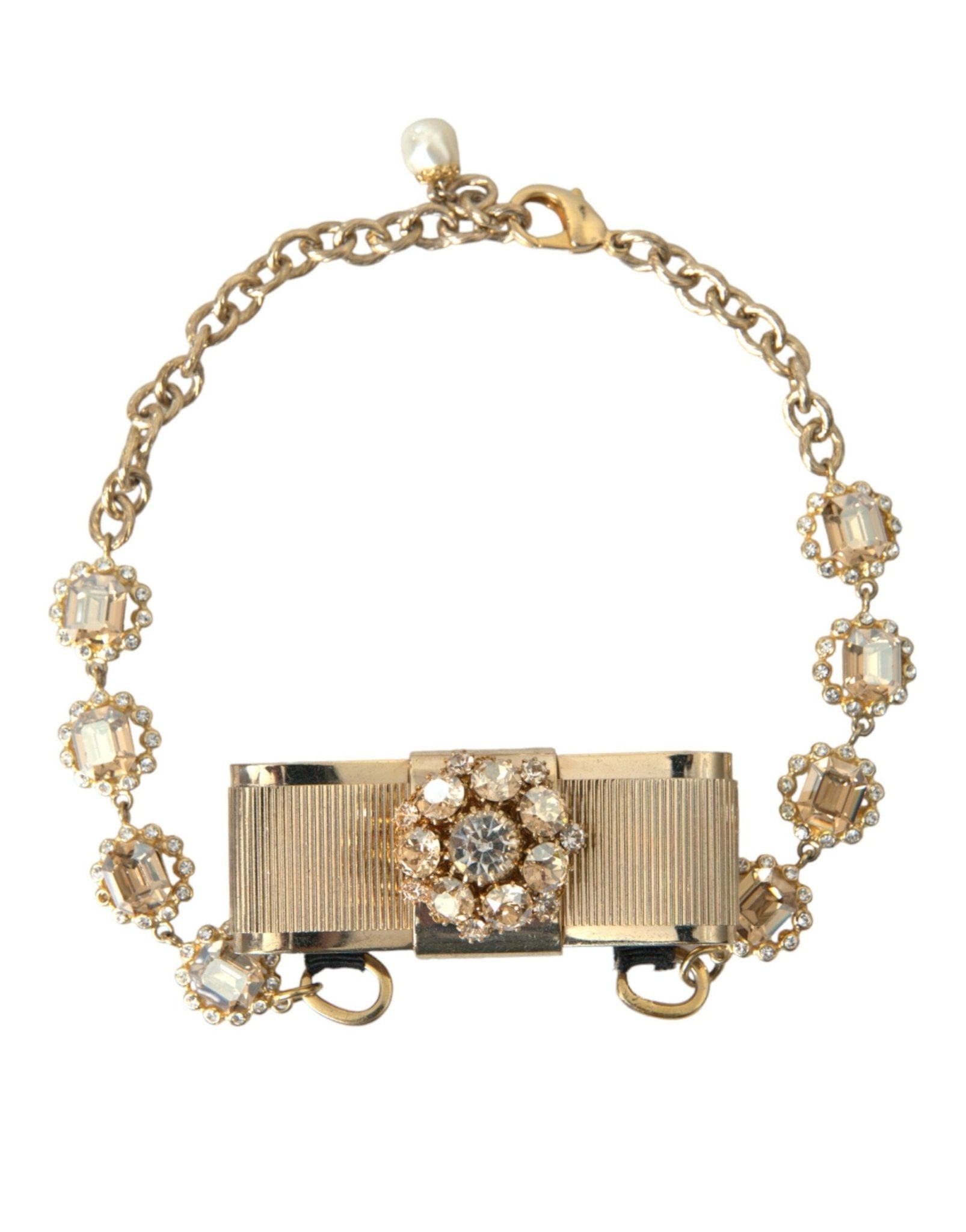 Dolce & Gabbana Gold Brass Clear Crystal Bow Chain Choker Necklace - Sandy Store ByNet