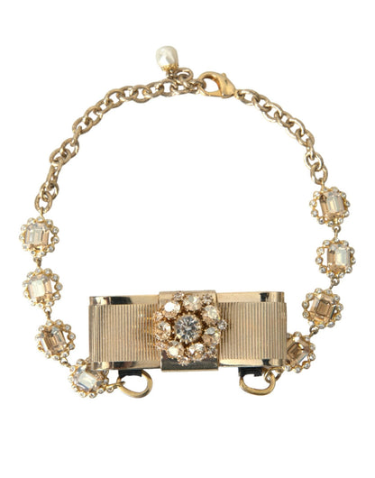 Dolce & Gabbana Gold Brass Clear Crystal Bow Chain Choker Necklace - Sandy Store ByNet