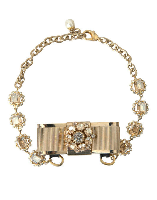 Dolce & Gabbana Gold Brass Clear Crystal Bow Chain Choker Necklace - Sandy Store ByNet