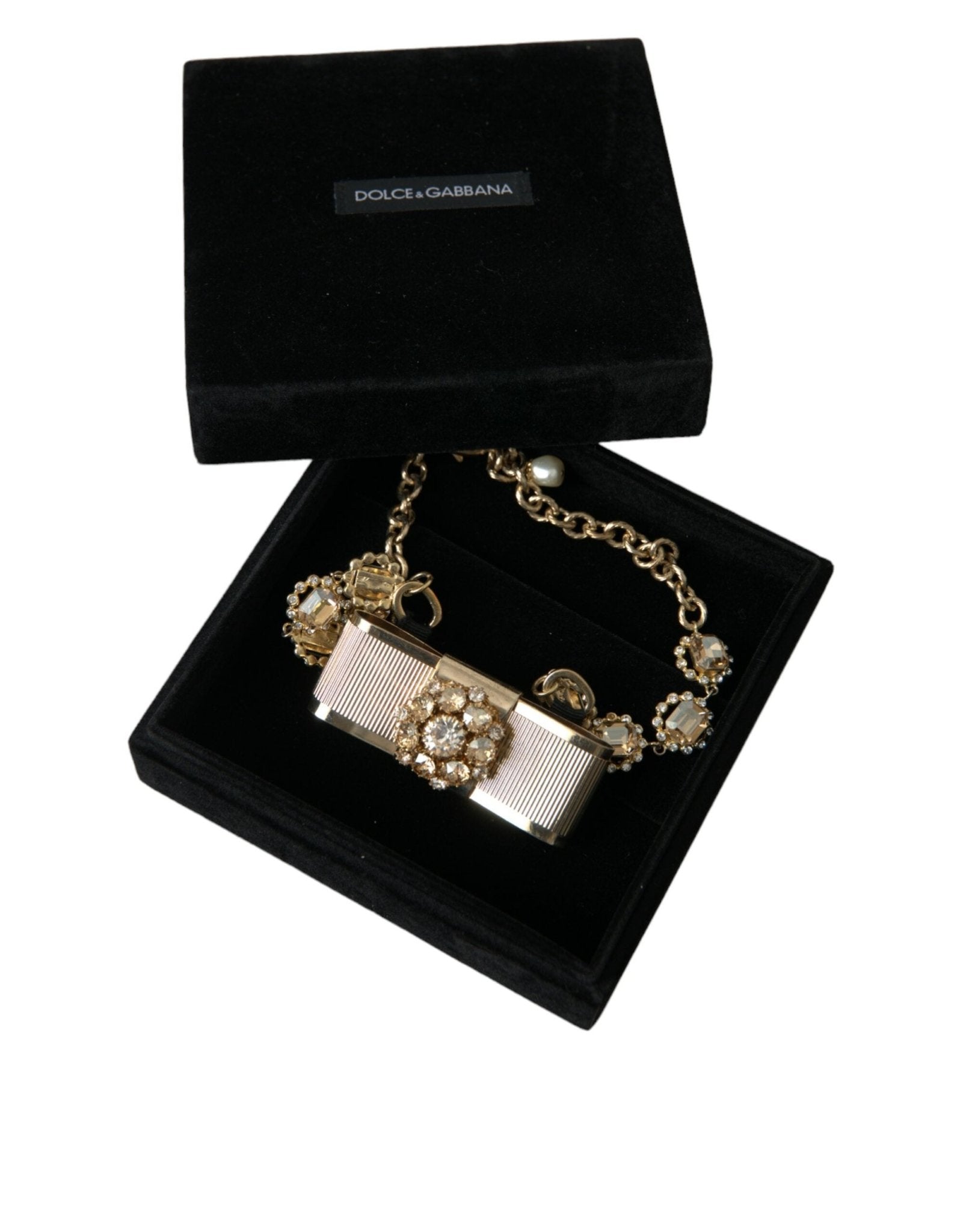 Dolce & Gabbana Gold Brass Clear Crystal Bow Chain Choker Necklace - Sandy Store ByNet