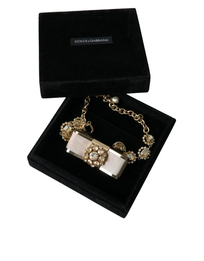 Dolce & Gabbana Gold Brass Clear Crystal Bow Chain Choker Necklace - Sandy Store ByNet