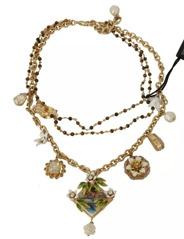 Dolce & Gabbana Gold Brass Crystal Floral Statement Charms Necklace - Sandy Store ByNet