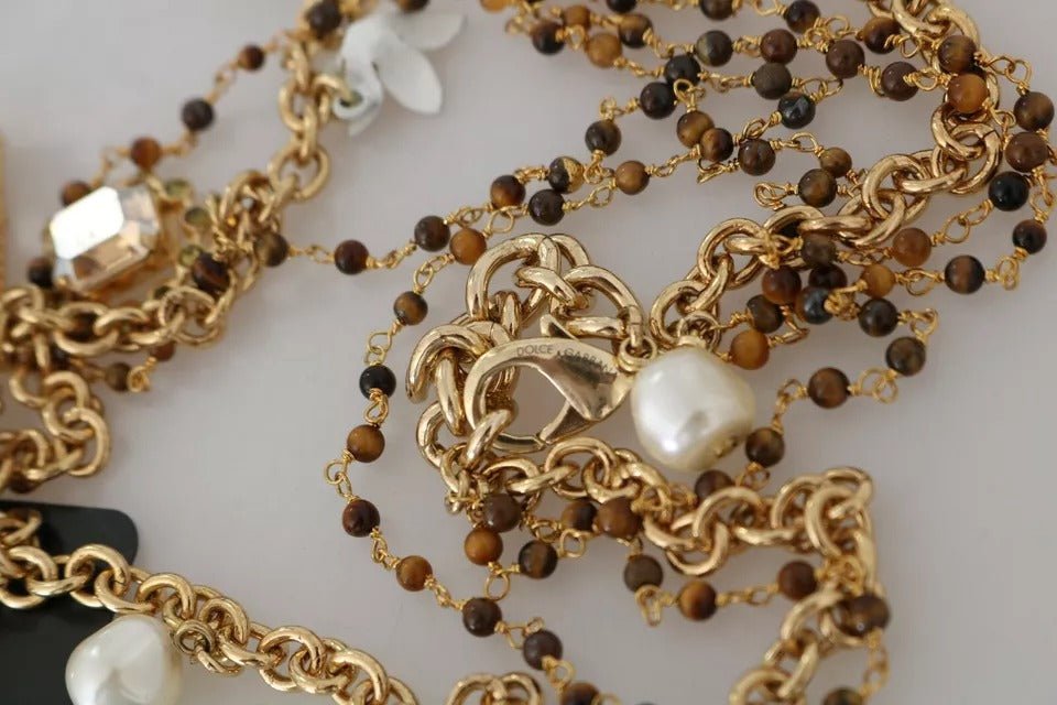 Dolce & Gabbana Gold Brass Crystal Floral Statement Charms Necklace - Sandy Store ByNet