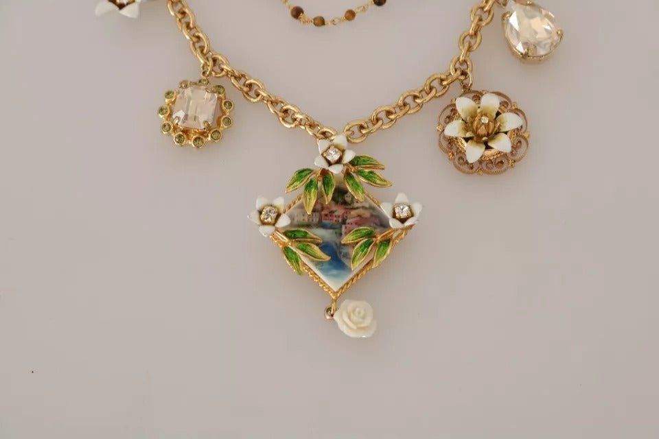 Dolce & Gabbana Gold Brass Crystal Floral Statement Charms Necklace - Sandy Store ByNet