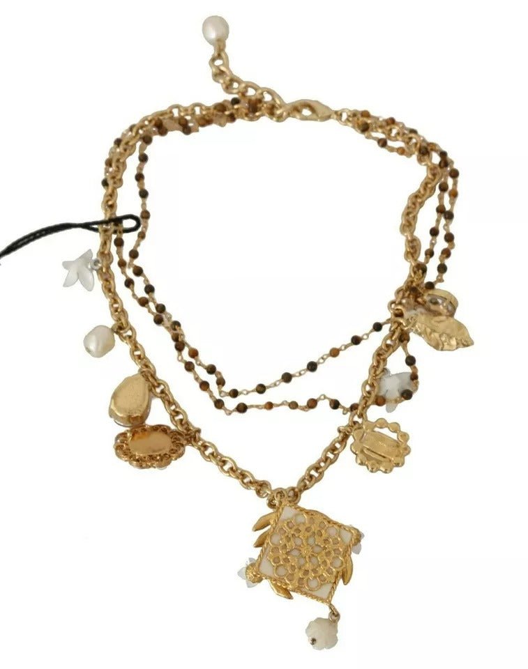 Dolce & Gabbana Gold Brass Crystal Floral Statement Charms Necklace - Sandy Store ByNet