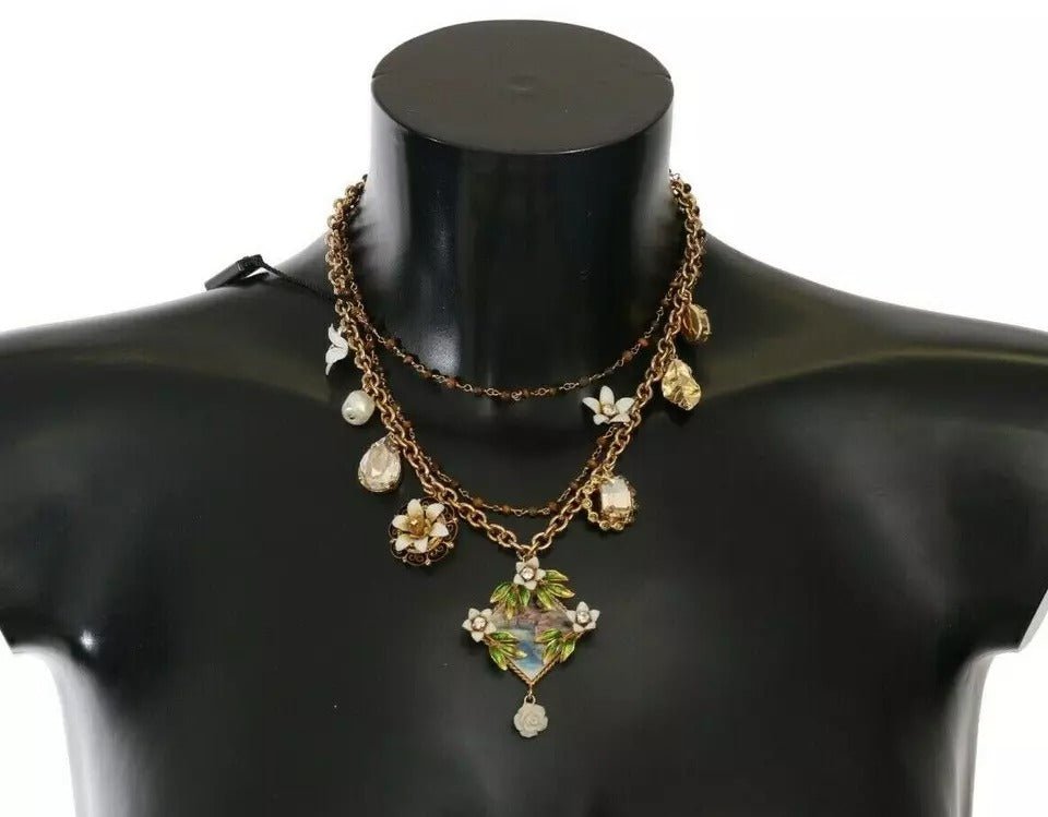 Dolce & Gabbana Gold Brass Crystal Floral Statement Charms Necklace - Sandy Store ByNet