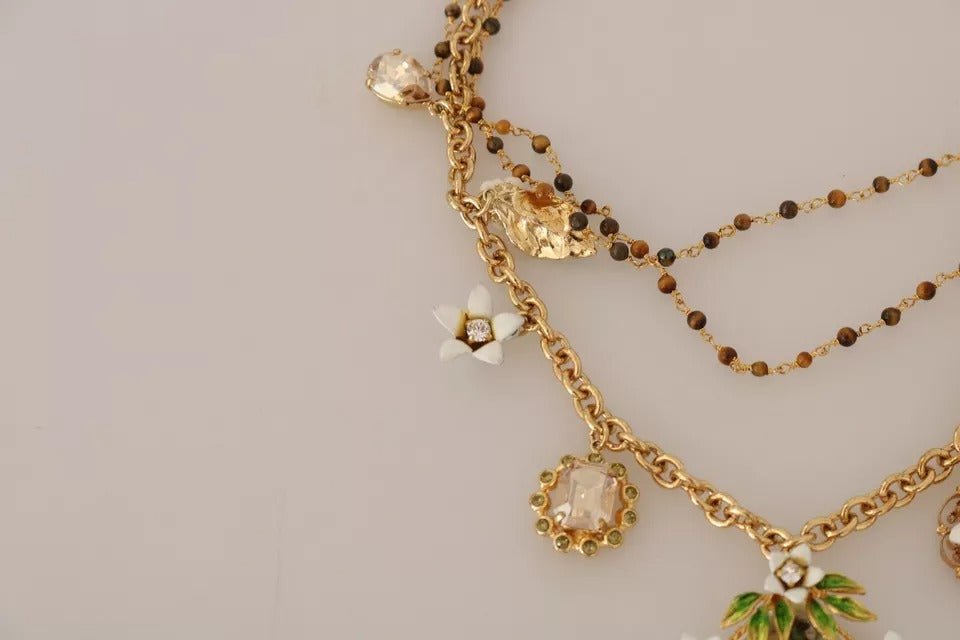 Dolce & Gabbana Gold Brass Crystal Floral Statement Charms Necklace - Sandy Store ByNet
