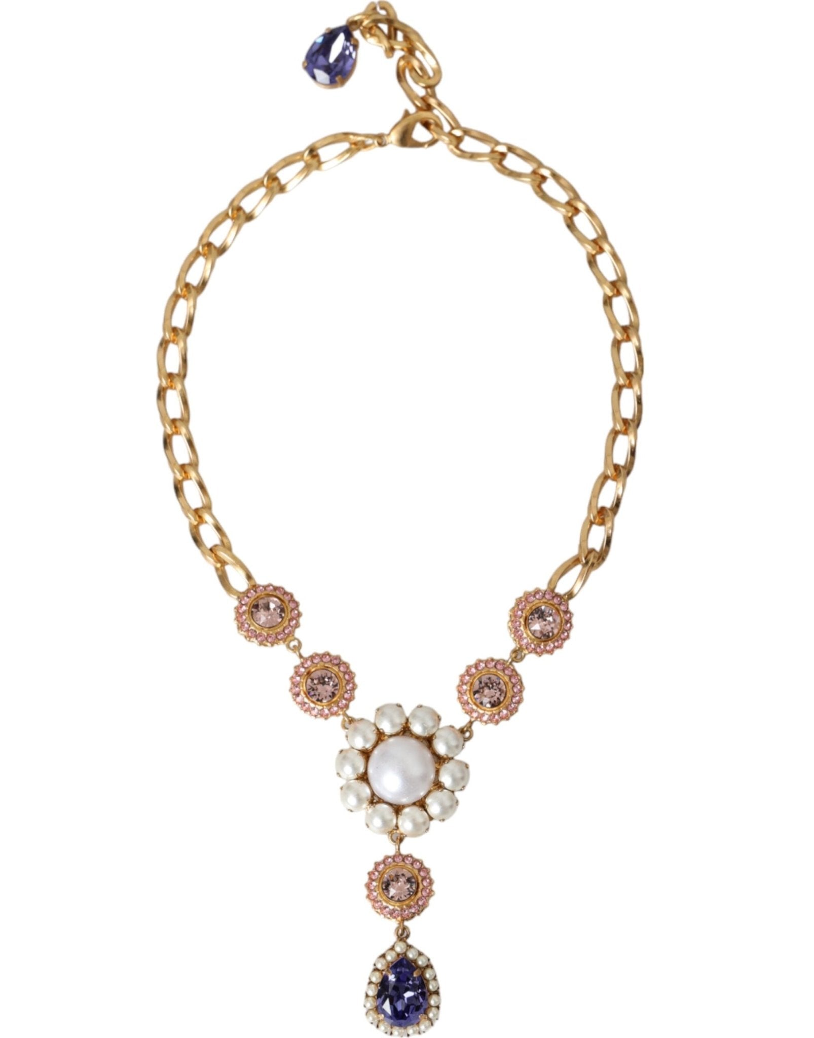 Dolce & Gabbana Gold Brass Crystal Purple Pink Pearl Pendants Necklace - Sandy Store ByNet
