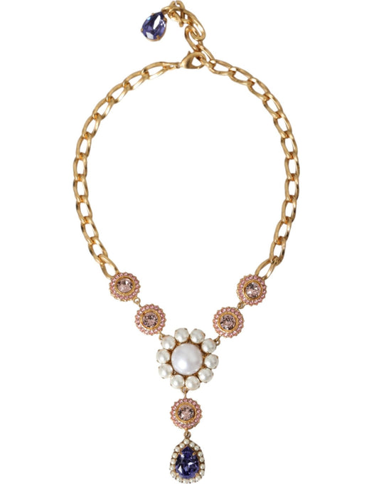 Dolce & Gabbana Gold Brass Crystal Purple Pink Pearl Pendants Necklace - Sandy Store ByNet