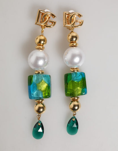 Dolce & Gabbana Gold Brass Multicolour Pearl Green Blue Drop Logo DG Earrings – par Dolce & Gabbana | Disponible sur Sandy Store ByNet