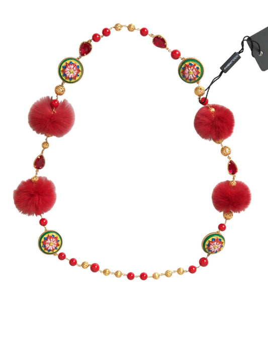 Dolce & Gabbana Gold Brass Red Fur Crystal Carretto Chain Necklace - Sandy Store ByNet