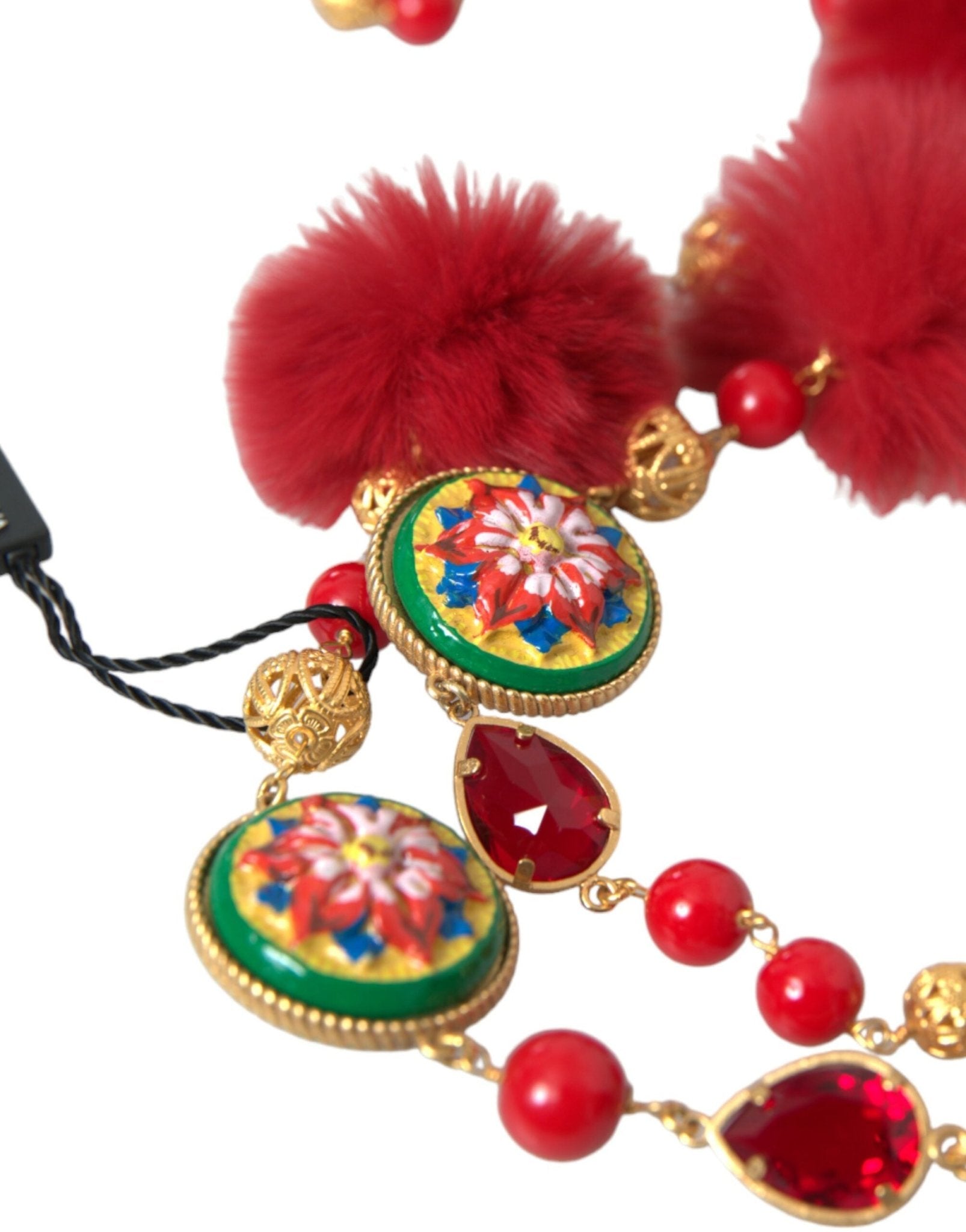 Dolce & Gabbana Gold Brass Red Fur Crystal Carretto Chain Necklace - Sandy Store ByNet