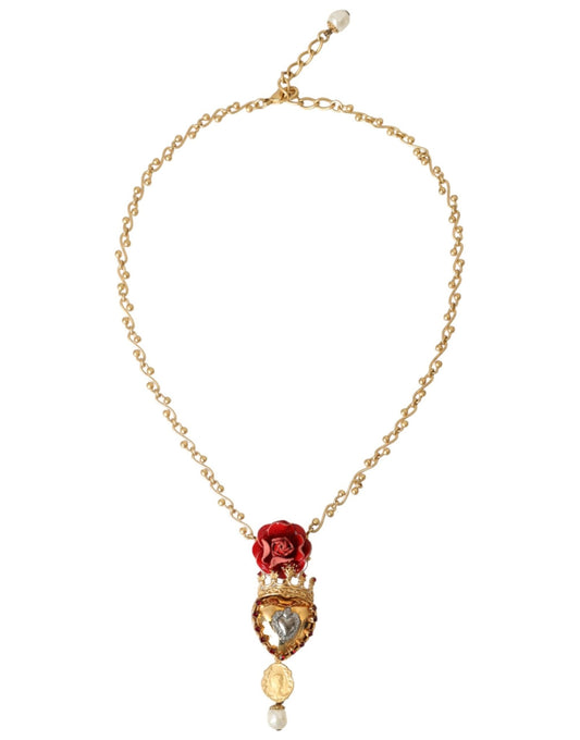Dolce & Gabbana Gold BrassChain Sacred Heart Rose Crystal Charm Necklace - Sandy Store ByNet
