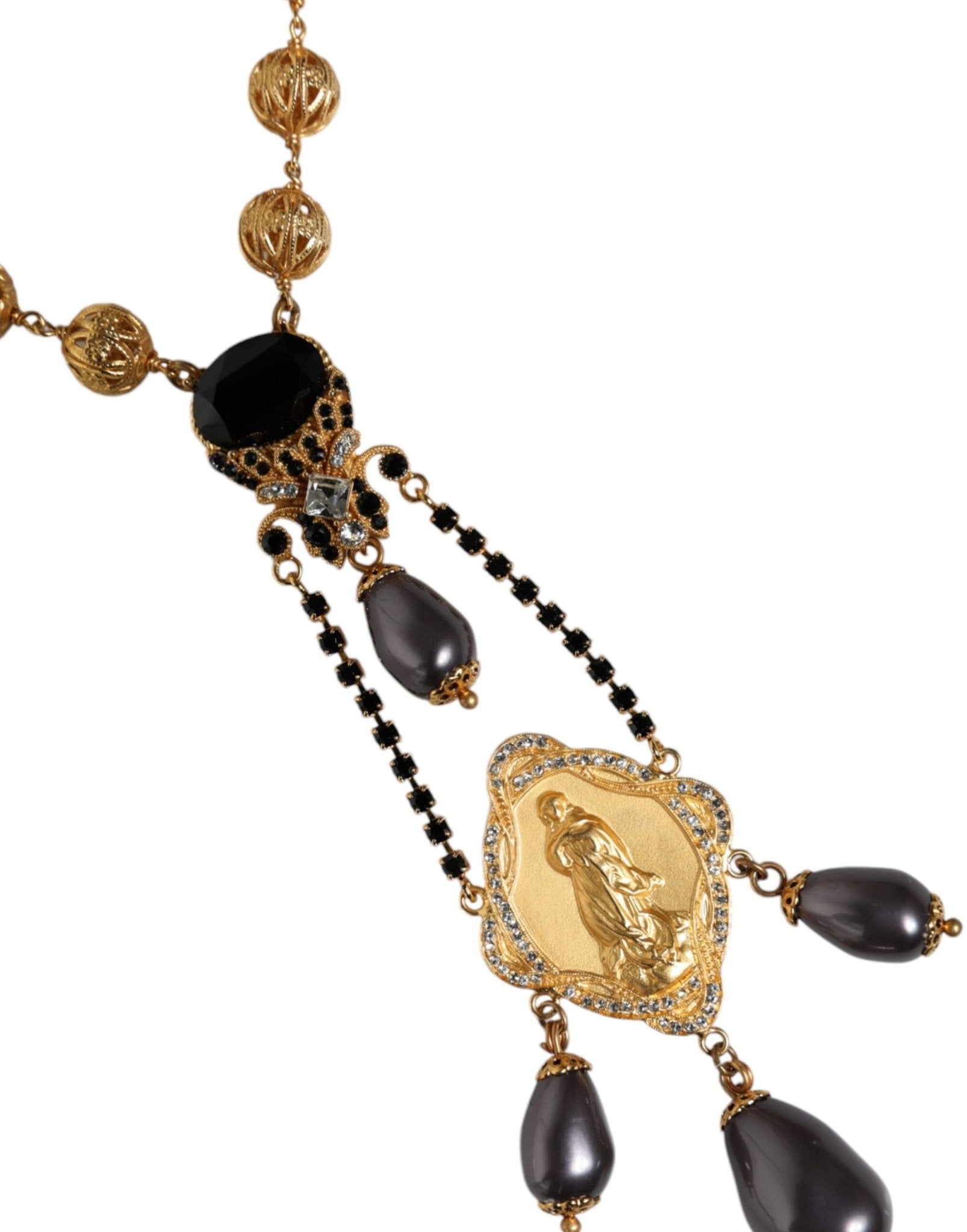 Dolce & Gabbana Gold Chain Brass Black Beaded Rosary Style Necklace - Sandy Store ByNet