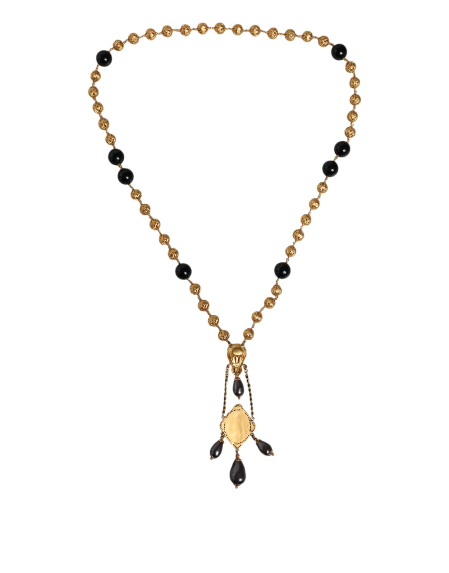 Dolce & Gabbana Gold Chain Brass Black Beaded Rosary Style Necklace - Sandy Store ByNet
